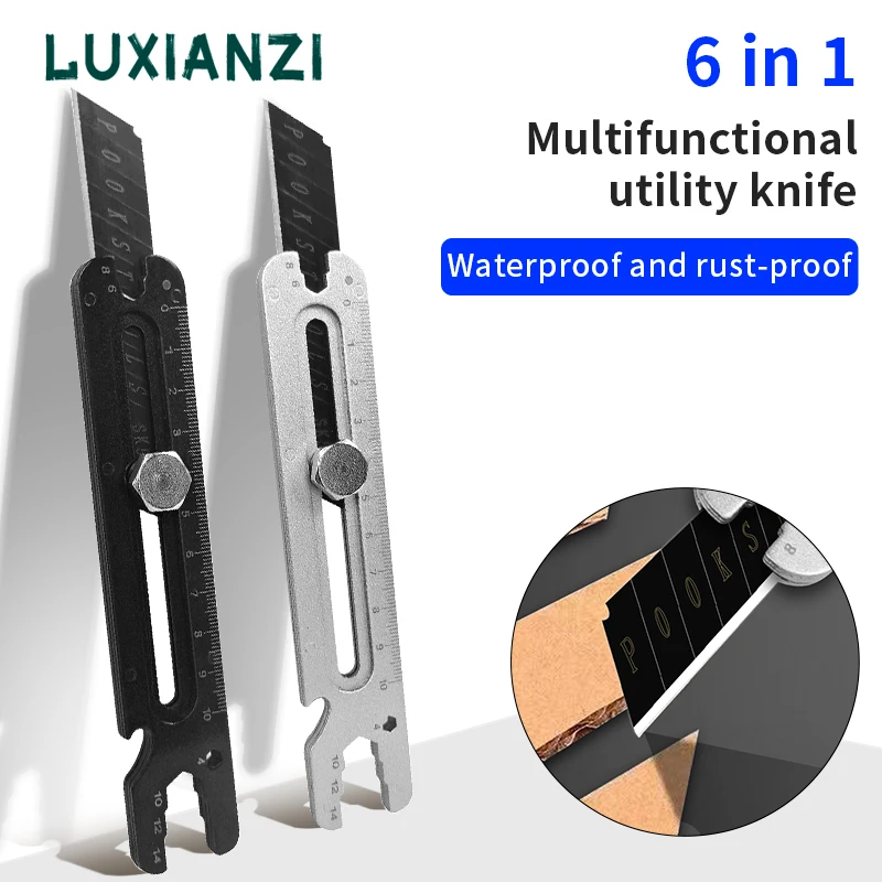 LUXIANZI 6 In 1 Multifunctional Pocket Utility Knife Stainless Steel Heavy Duty Box Cutter For Cartons Unboxing Cutting Tool