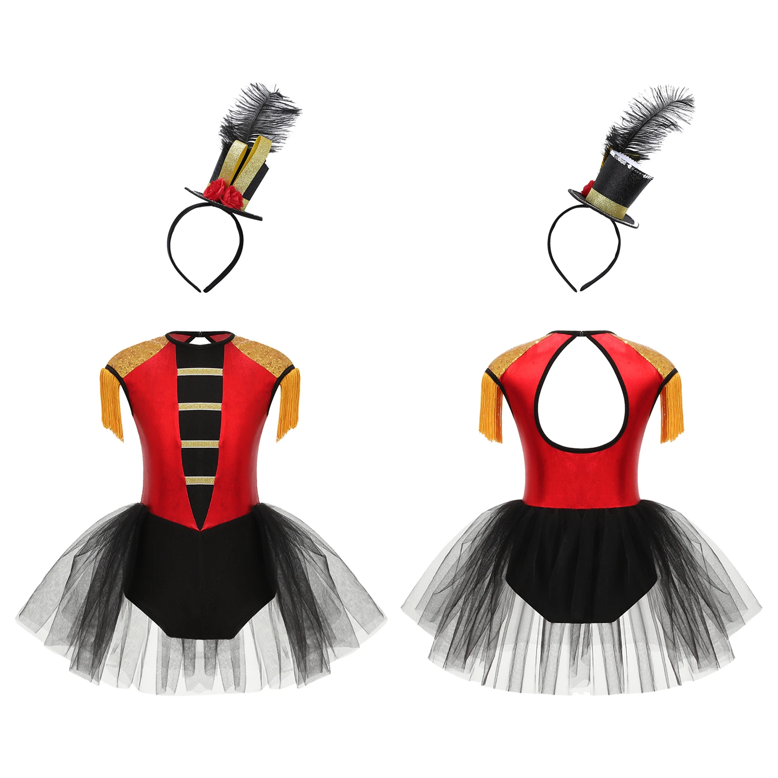 

Girls Circus Costume Ringmaster Jumpsuit Sequin Tassels Skirted Tutu Leotard Dress Halloween Lion Tamer Cosplay Fancy Dress Up