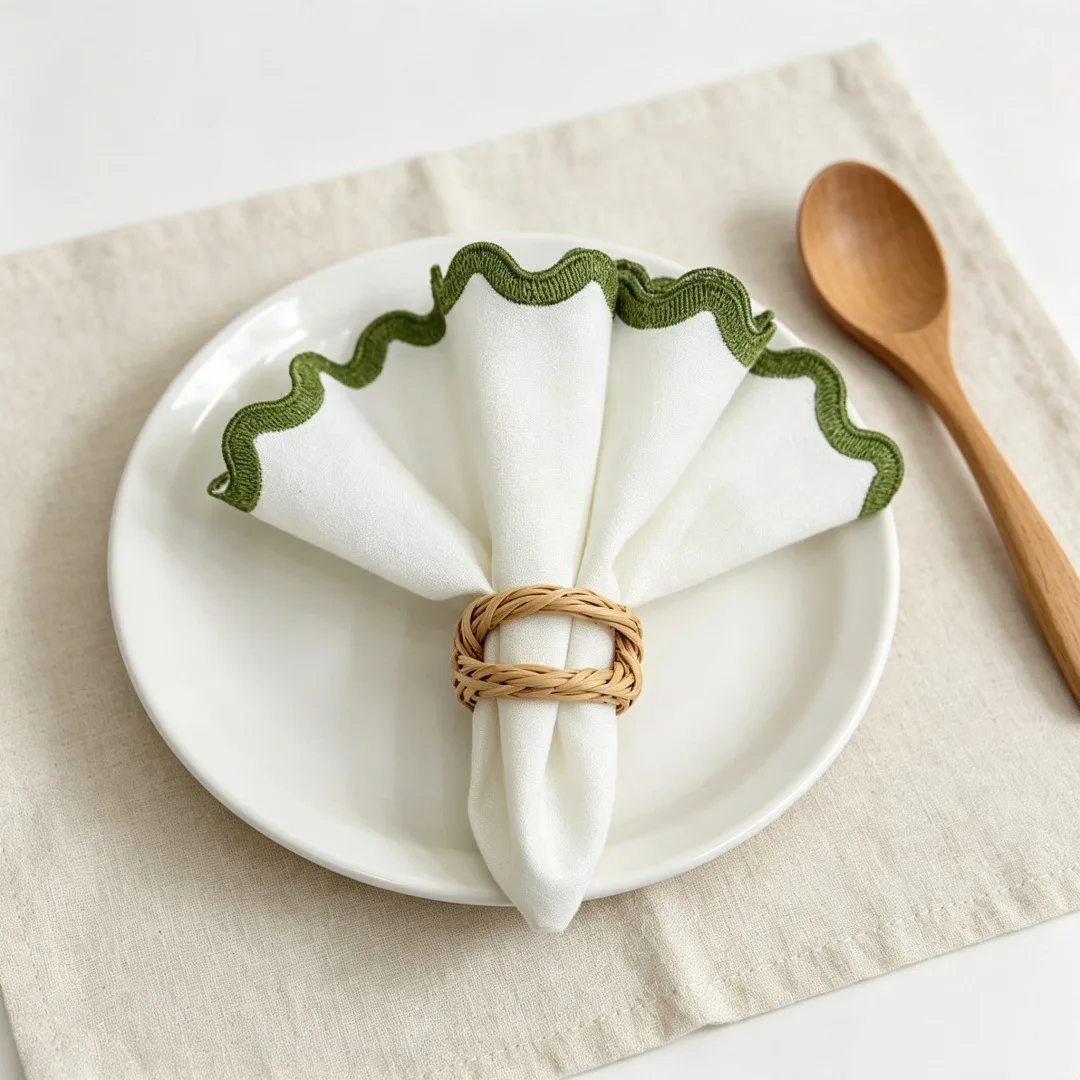 10PCS Embroidered Round Napkins – Scalloped Edge Heat-Proof Table Mat, Luxury Hotel Hand Towel for Wedding & Party Decor