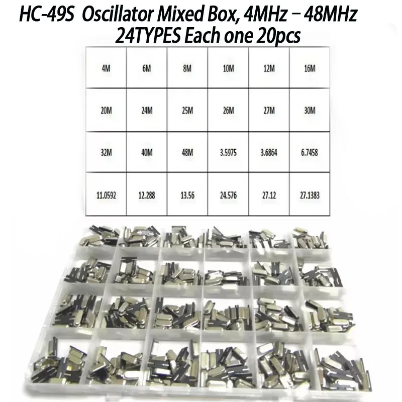 HC-49S Surface Mount Passive Crystal Oscillator Mixed Box, 4MHz–48MHz  each one 20pcs 49SMD 480PCS Box kit SMD Passive Crystal O