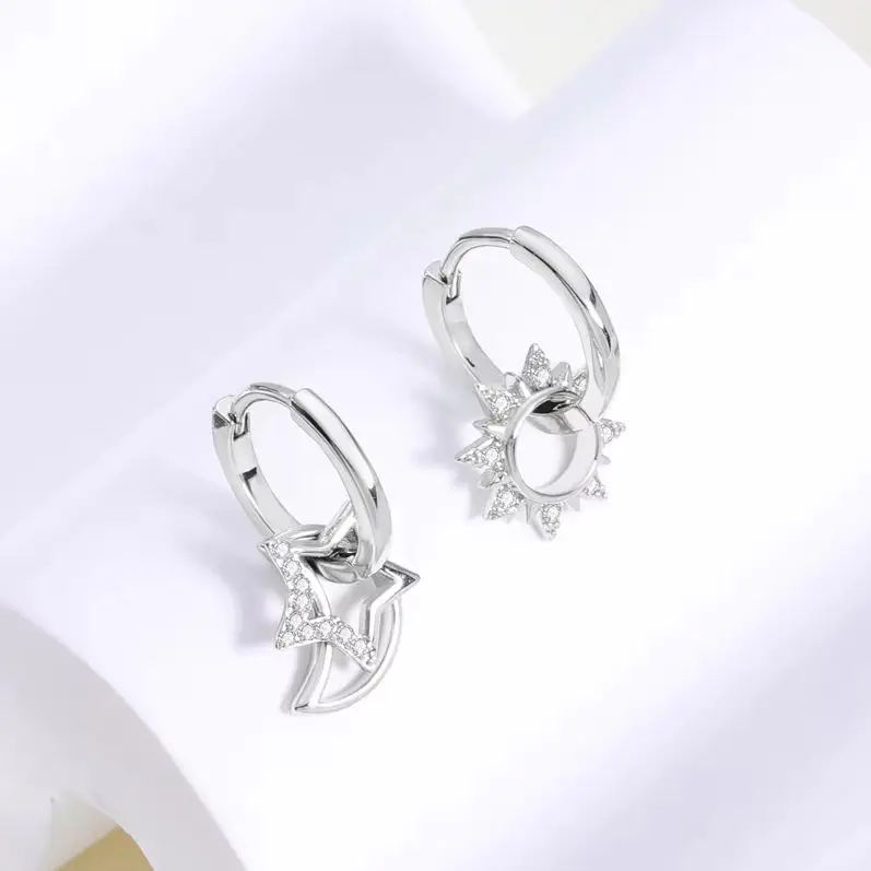 925 Sterling Silver Asymmetry Pendant Earring For Woman Sun Moon Drop Earring Wedding Engagement Party Fine Jewelry