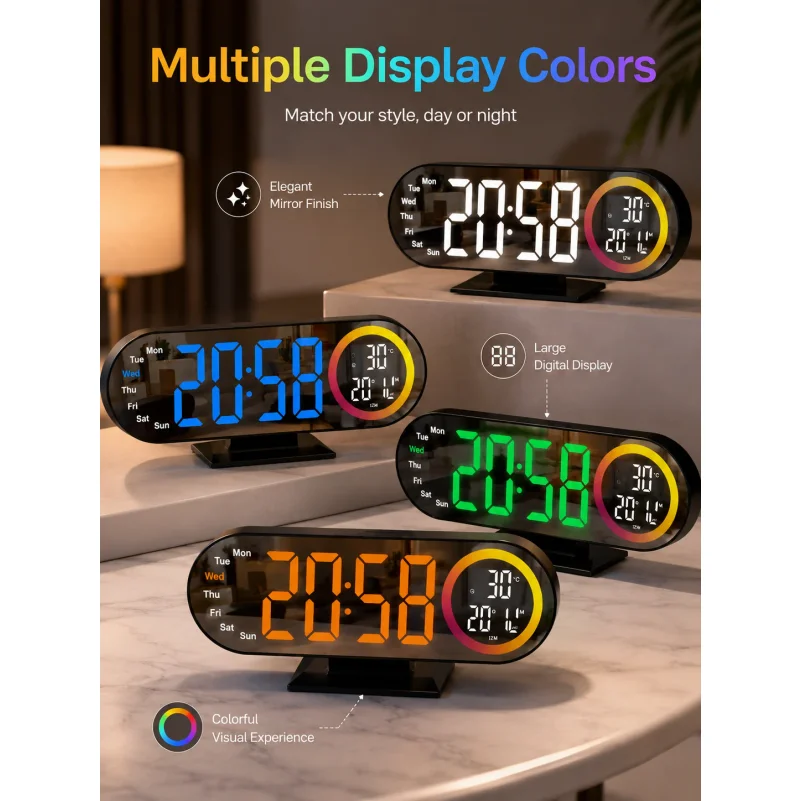 RGB Color Digital Alarm Clock Large LED Mirror Display Temperature Humidity Week Date Dimmable Brightness Bedroom Desk Clock