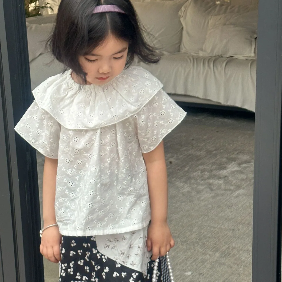 Children's Shirt 2024 Spring/Summer New Girl's Jacquard Embroidered Shirt Children's Lotus Collar Doll Shirt Blouses