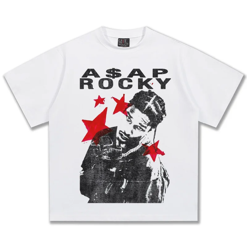ASAP Rocky Red Stars Graphic T-Shirt Unisex Oversized Hip Hop Rapper Casual Cotton Short Sleeve Trendy Y2K Oversized For Daily