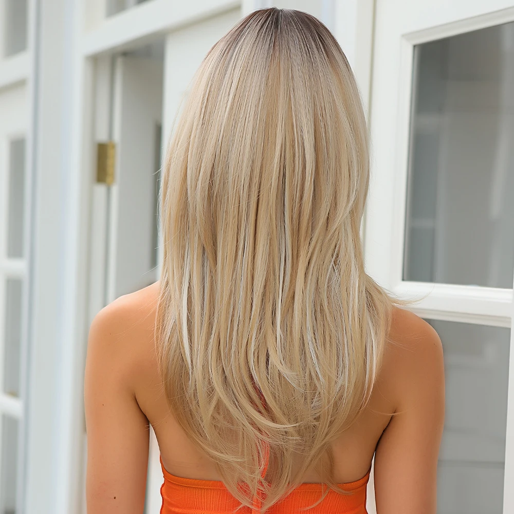 긴 직선 계층화 된 합성 가발 금발 플래티넘 하이라이트 가발 (Bangs 포함) 코스프레 매일 사용 내열성 가발 여성용
