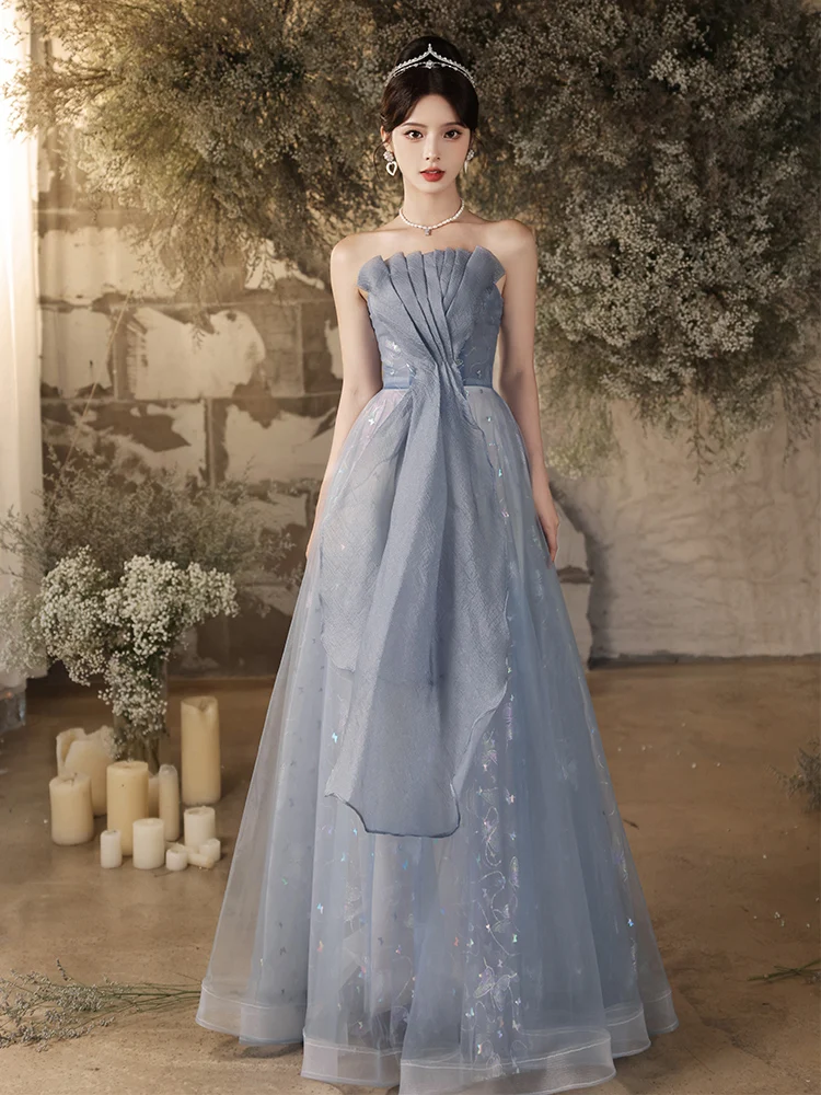 

Ele Blue Evening Gown Strapl Ball Dr Adult Ceremony Host Long Skirt Polyester Fiber Online Exclusive Faion