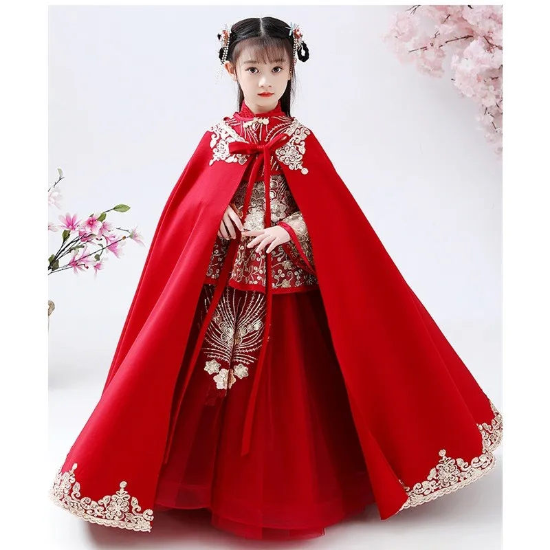Girls Hanfu Cheongsam Costume Chines New Year Spring Festival Clothing Winter Thick Robe Warm Performance Kids Red Dresses