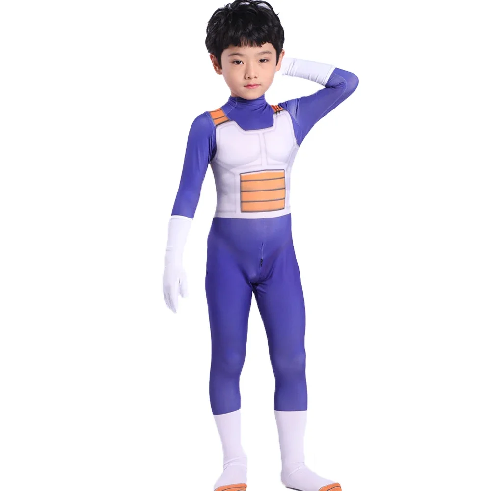 Halloween Anime Vegeta Cosplay Costume Baby Children Super Blue Battle Spandex Party Jumpsuit Costume For Adult Kid