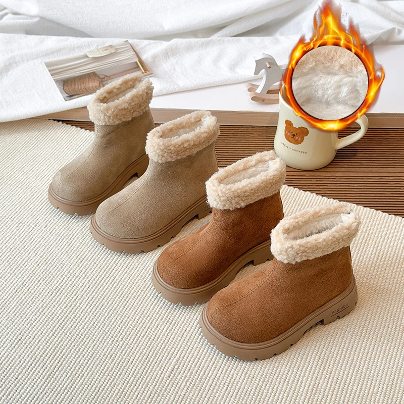 

2025 Winter Fashion Korean Style Kids Snow Boots Girls New Style Elegant Round Toe Slip-on Fleece-lined Warm Short Boots