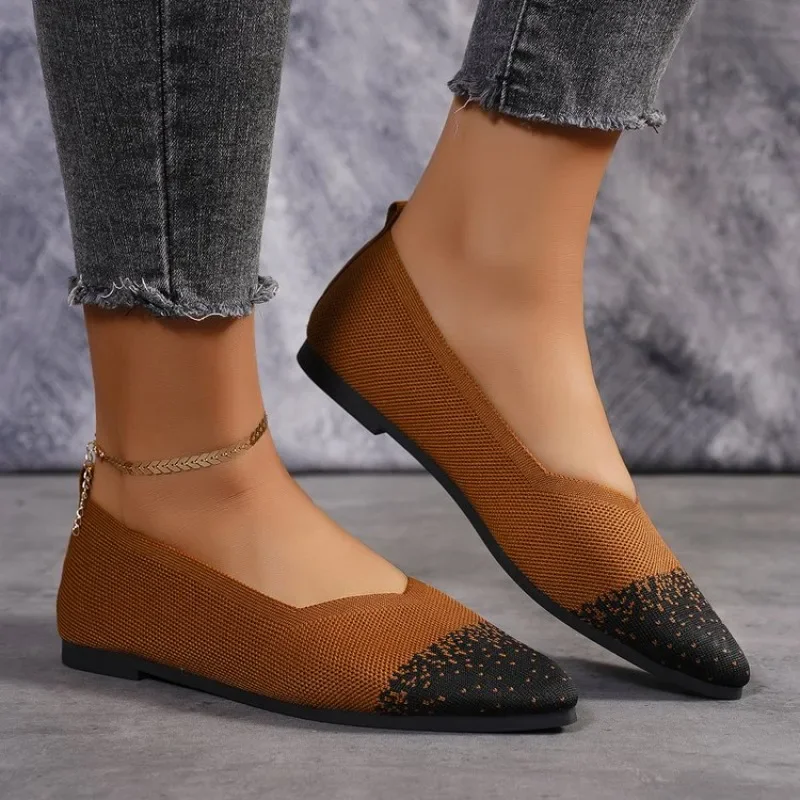 New 2024 Pointed Toe Flat Office Boat Solid Color Knitted Slip on Shoes Casual Ballet Flats Shoes Women Loafers Zapatos De Mujer