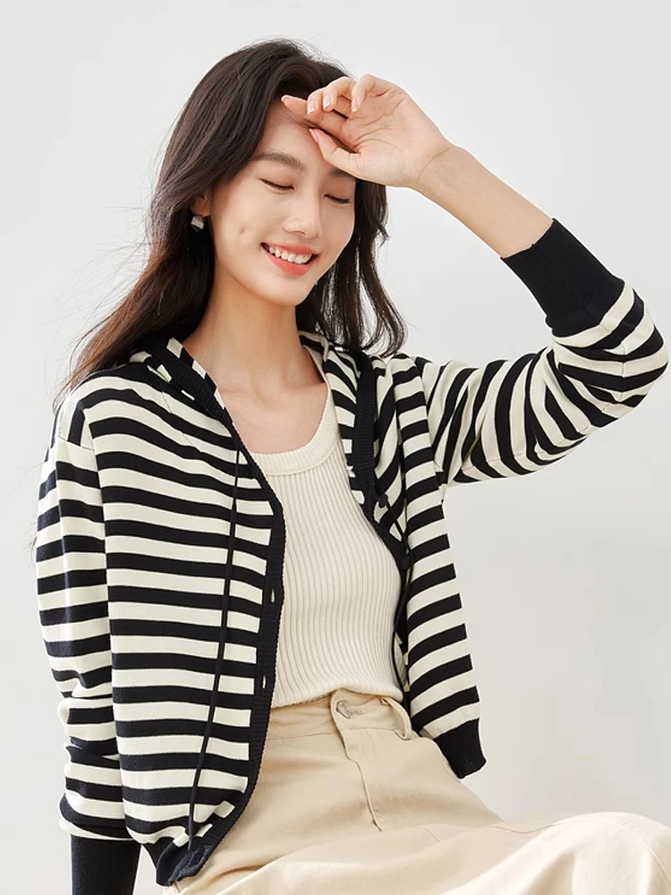 Vimly Lyocell Striped Hooded Knitted Cardigans 2024 Spring New High Strecth Female Knitewear Casual Knit Long Sleeve Top 72698