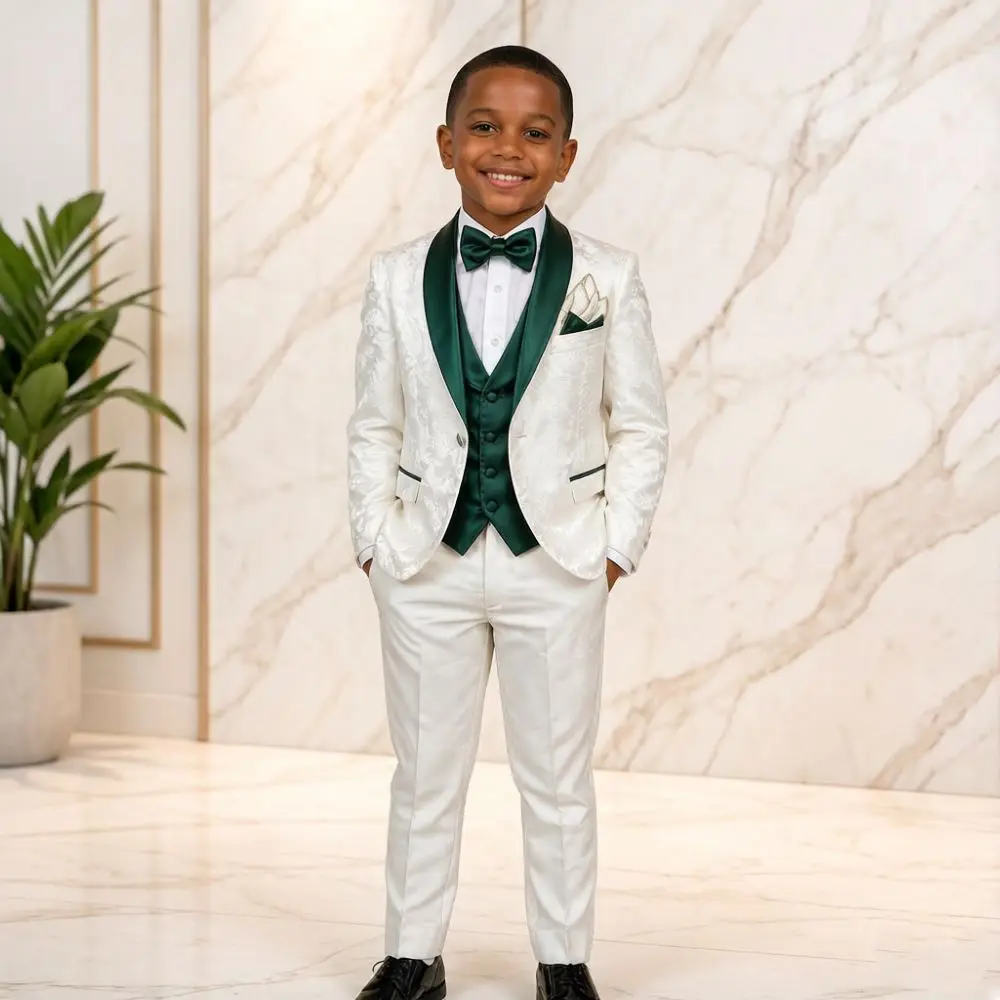 Kids Formal Tuxedo Child Floral Pattern Wedding 3 Pieces Suits Dark Green Contrast Vest Banquet Graduation Celebration Wear 2026