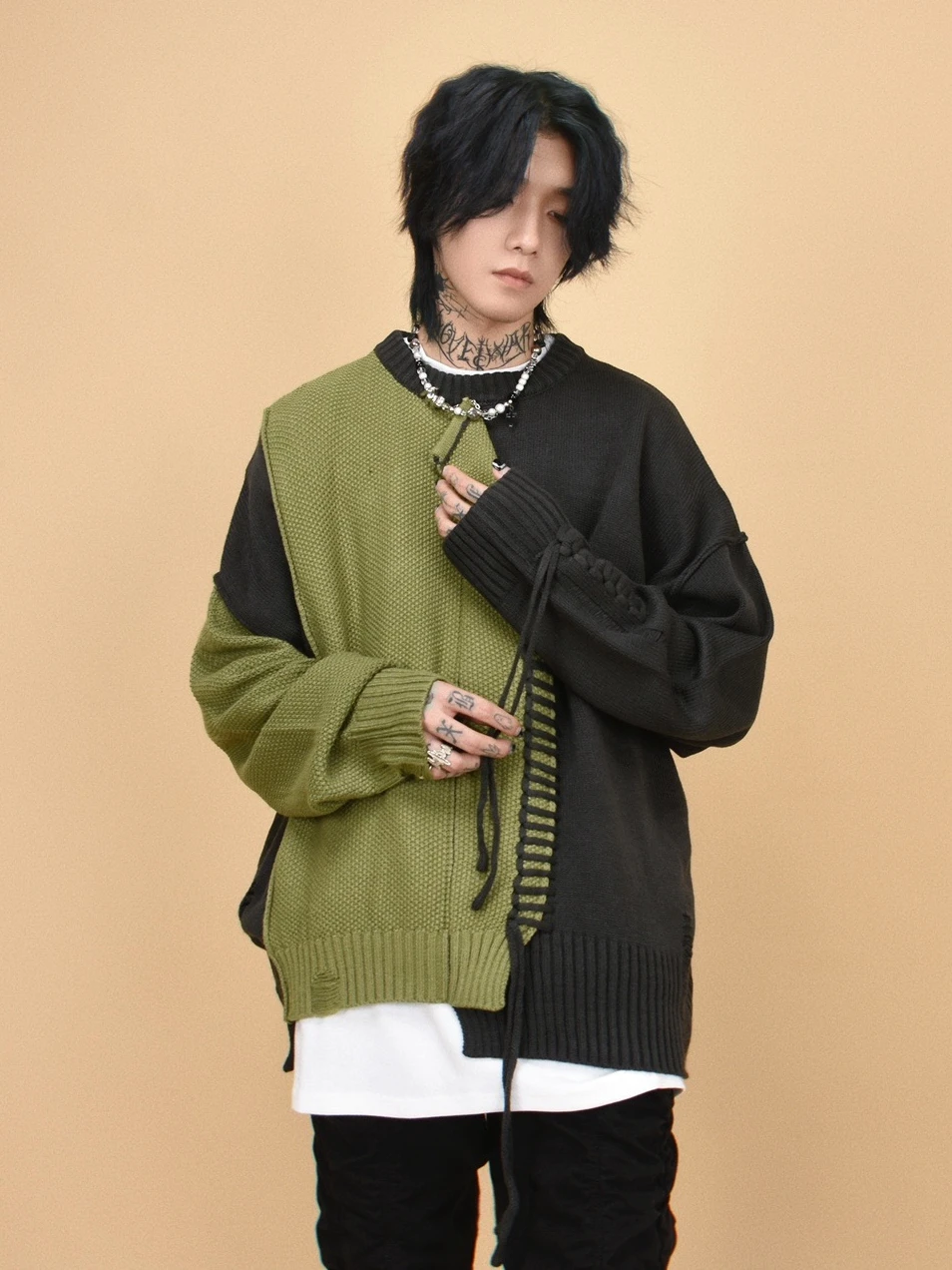 Spring and Autumn New Irregular Black and Green Patchwork Round Neck Sweater American High Street Men's Gray Knitted Sweater