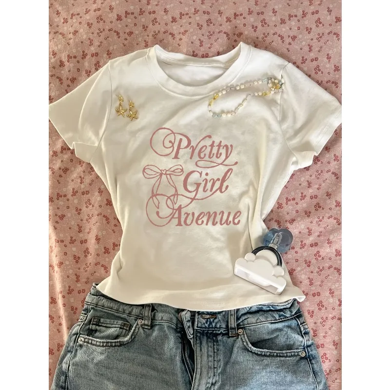 Pretty Avenue Printed Short-Sleeve T-Shirt for Women, Spring/Summer Latest Arrival, American Sweetheart Style Slim-Fit Cropped