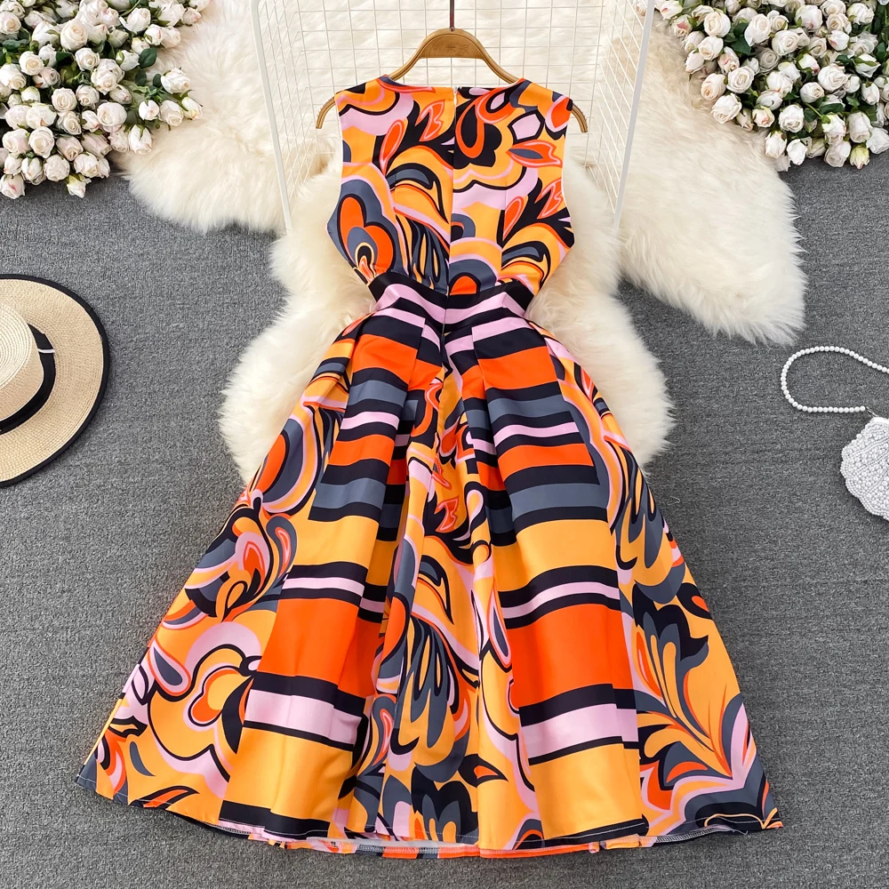 Fashion Summer Women Classic A Line O Neck Sleeveless Midi Party Dinner  Retro Elegant Lady Office Casual Print Beach Dress