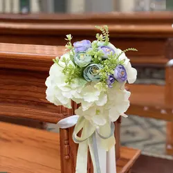 2 Pcs Chair Sashes Artificial Hydrangea Flowers Tie Knot Cover For Church Hotel Banquet Outdoor Wedding Party Events Decoration