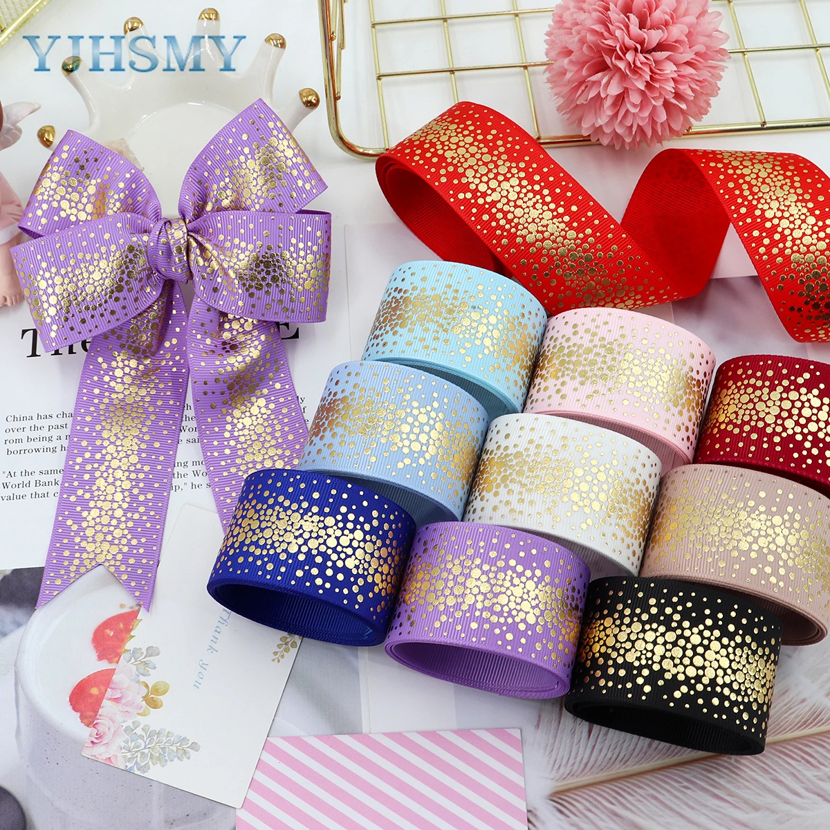 Polka Dot Gold Foil Grosgrain Ribbon for Gift Wrapping for Crafts, Hair Bows Making, Flower Bouquets and DIY Sewing Decoration