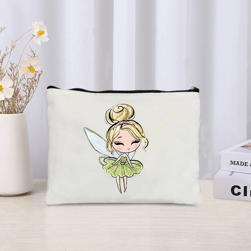 Cute Cartoon Elf Girl Printed Cosmetic Bag Casual Eco Canvas Travel Organizer Kit Ladies Party Gift Clutch Kids Pencil Case