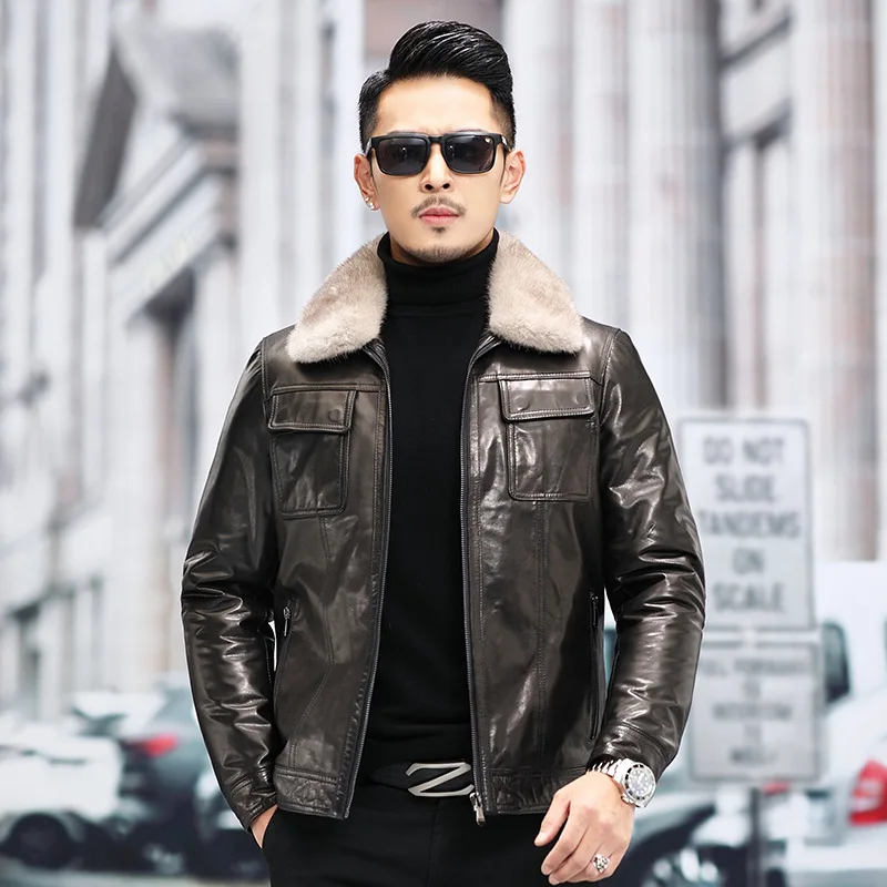 Men's New Genuine Leather Clothes Male Goatskin Mink Lapel Short Warm Down Jacket Sheepskin Fashion Slim Coats Winter Outwear