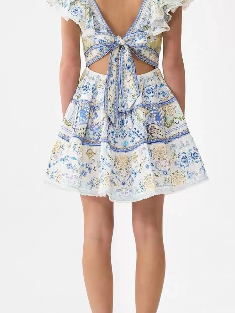 الرجعية الراقية الخامس الرقبة تكدرت تحلق الأكمام تنورة الصيف المرأة الجديدة الخصر حزام نحيف عارية الذراعين المطبوعة عطلة نمط اللباس