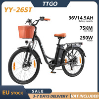 TTGO YY-26ST Electric Bike 250W Motor 36V14.5Ah Battery 26Inch Tire Riding EBike Adult City Commuter Travel E-Bike With Bask