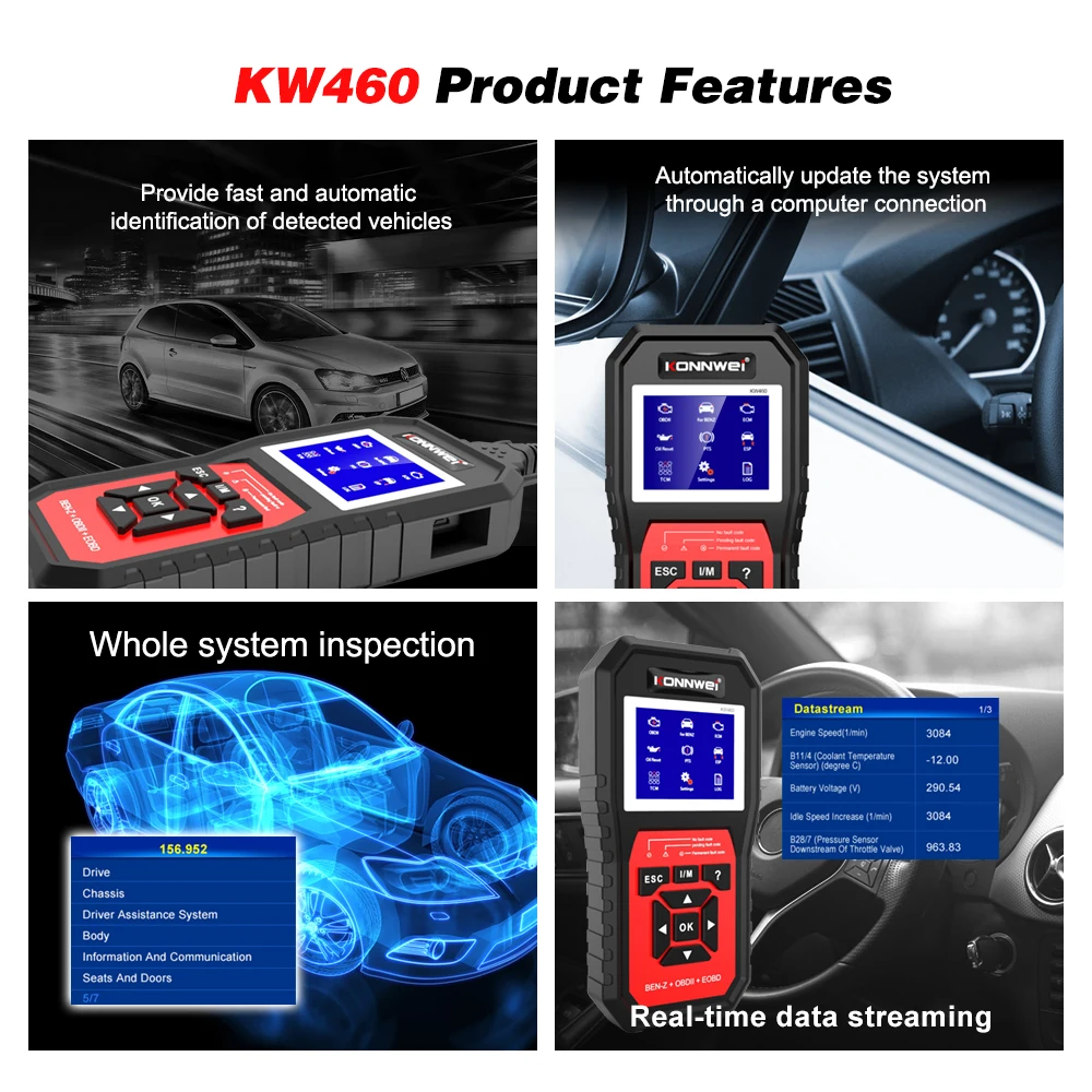 KONNWEI KW460 Obd2 Scanner for Mercedes-Benz ABS Airbag Oil ABS EPB DPF SRS TPMS Automotive Engine Code Reader Fault Tool