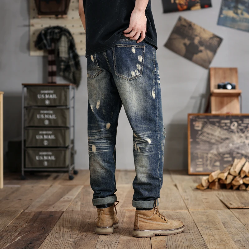 2024Summer New Ripped Jeans Men's Large Size Loose Elastic Retro Worn Looking Washed-out Casual All-Matching190KGPants28-48Size