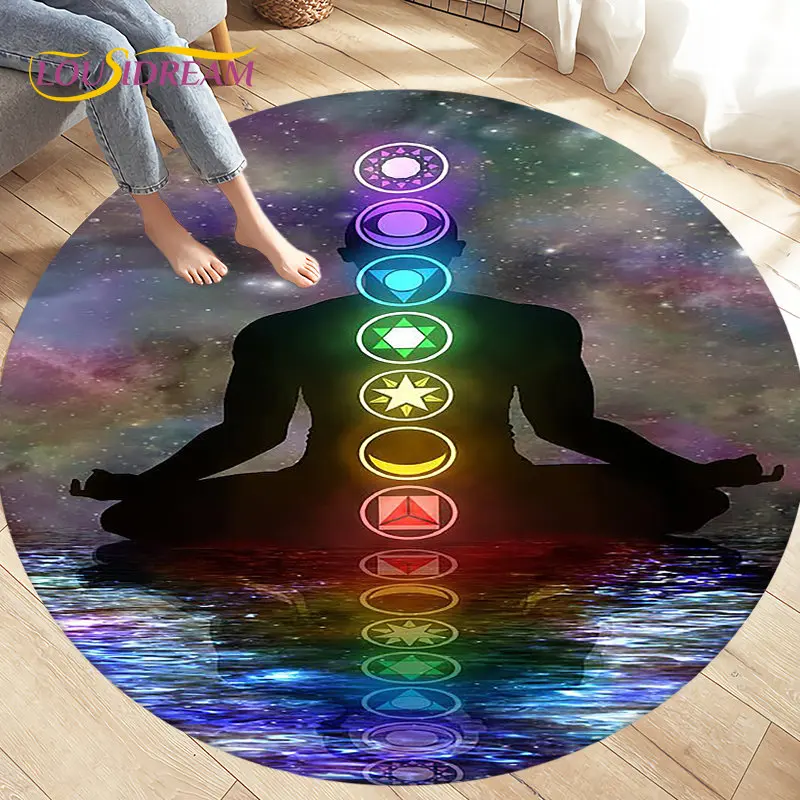 Rainbow 7 Chakra Mandala Bohemia Round Area Rug,Circle Carpet Rug for Living Room Bedroom Decor,Soft Yoga Non-slip Floor Mat