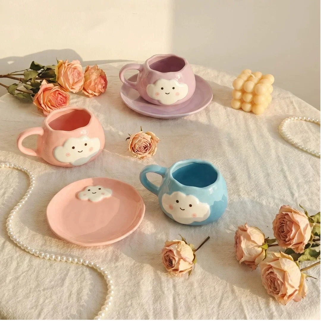 250ML Korean Style Hand Pinched Irregular Ceramic mug Hand-painted Flower Heart Coffee Cup Breakfast Milk Afternoon tea cup Gift