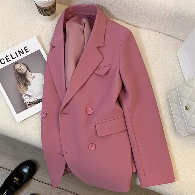 Blazer formal monocromático para mulheres, casaco de manga comprida, jaqueta dupla para senhoras do escritório, roupa de trabalho feminina, casaco para inverno