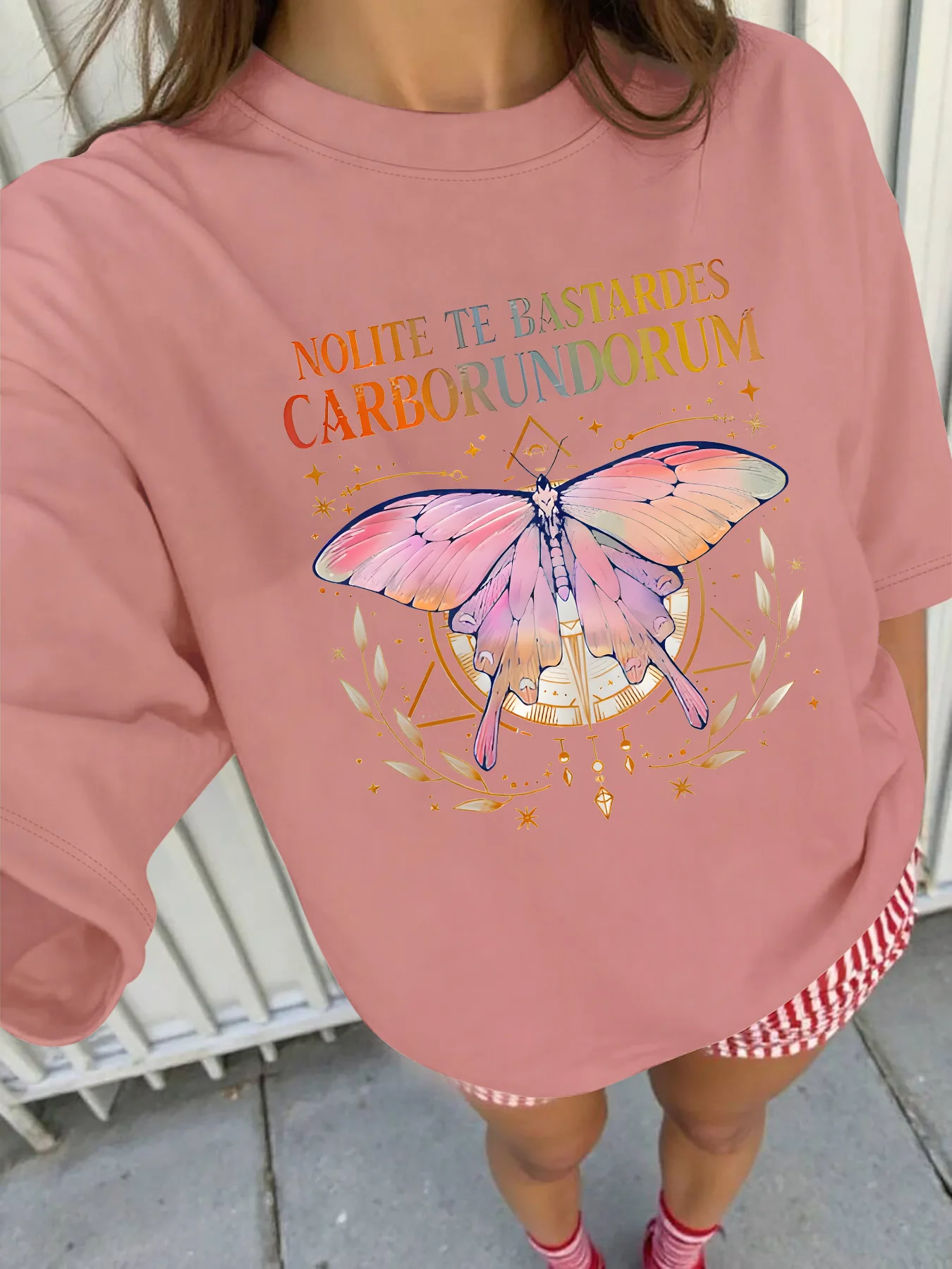 Plus - Size Tee: “Nolite Te Bastardes Carborundorum” Butterfly & Latin Quote Graphic
