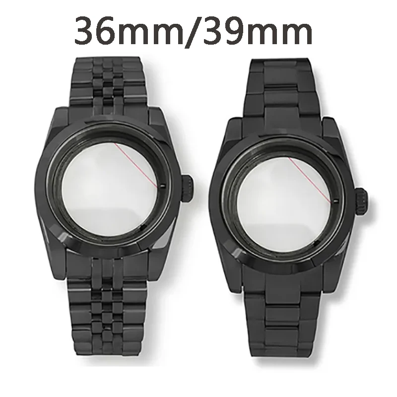 36/39mm Oyster Full Sand Strap Transparent Back Cover Sapphire Glass Watch Case Black Case for NH36 NH35 4R Movement