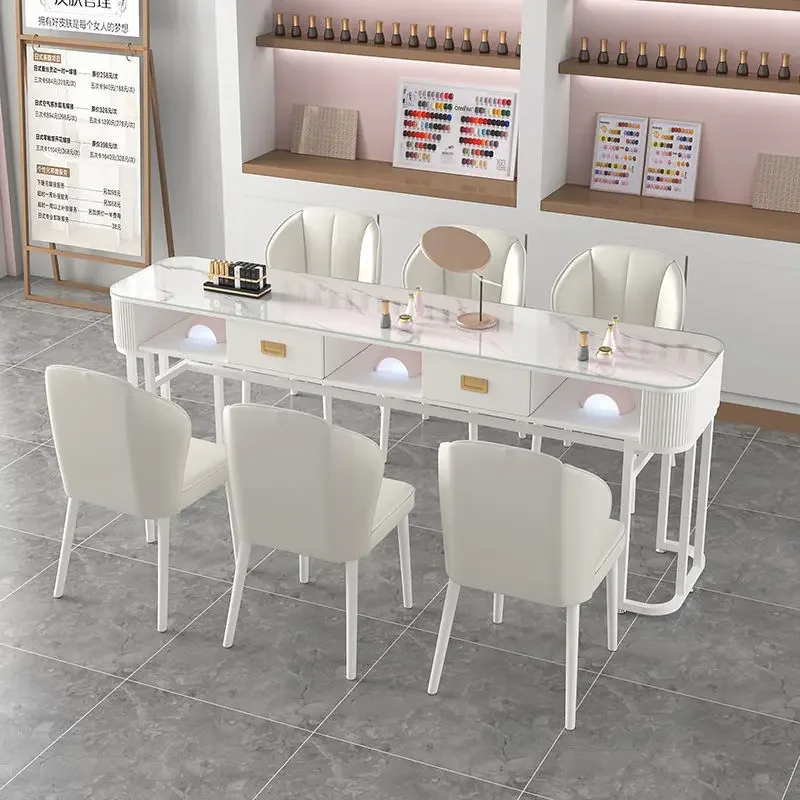 Modern Luxury Nail Salon Table White for Two or Three People Wood Material Nail Desk with Drawer for Beauty Salons