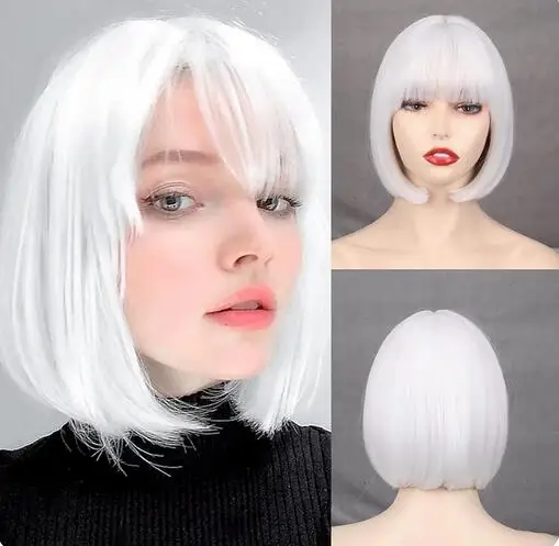 Women Short Straight White Bob Wig with Bangs Synthetic Hair for Daily Party Cosplay Halloween