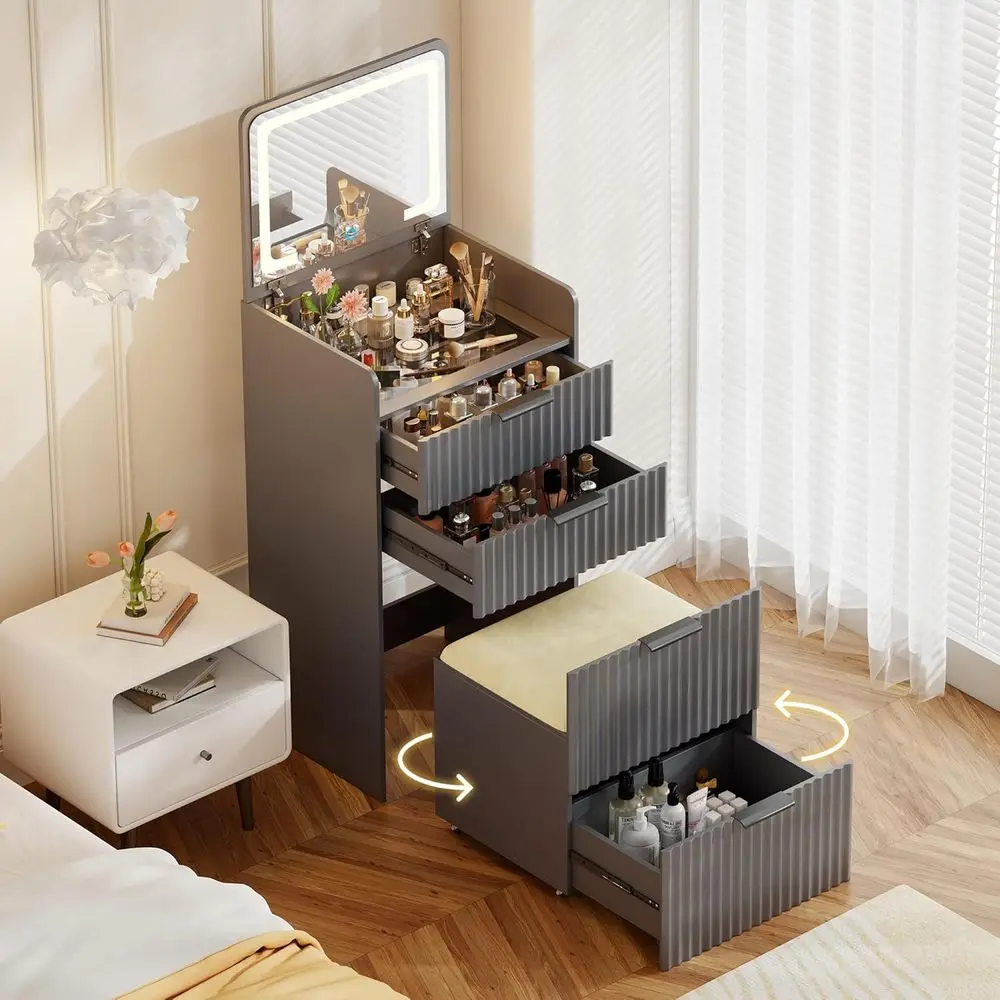 

Compact 3-in-1 Vanity Desk with Mirror, Lights, and Storage Stool, Suitable for Makeup, Dressing Table, or Bedroom Use for Kids
