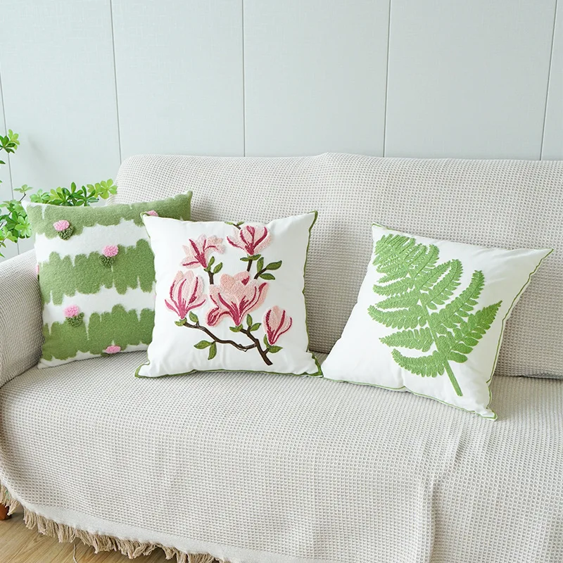 Green and Fresh Ins Magnolia Throw Pillow Set Embroidered Green Leaf Sofa Throw Pillow Headrest Cushion Office Waist Pillow