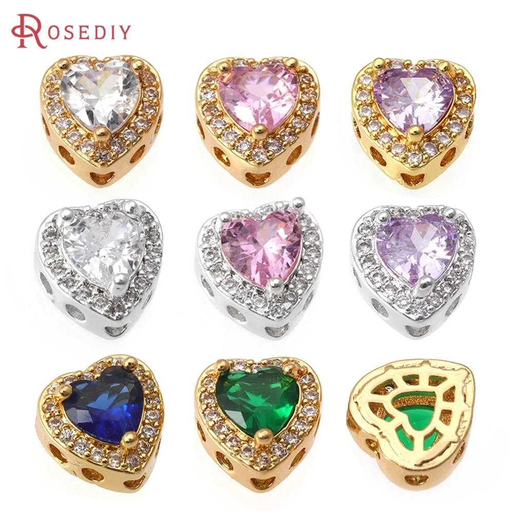 

6PCS 18K Gold Color Brass and Zircon Heart Spacer Beads Bracelets Beads High Quality Necklace Jewelry Making Diy Accessories