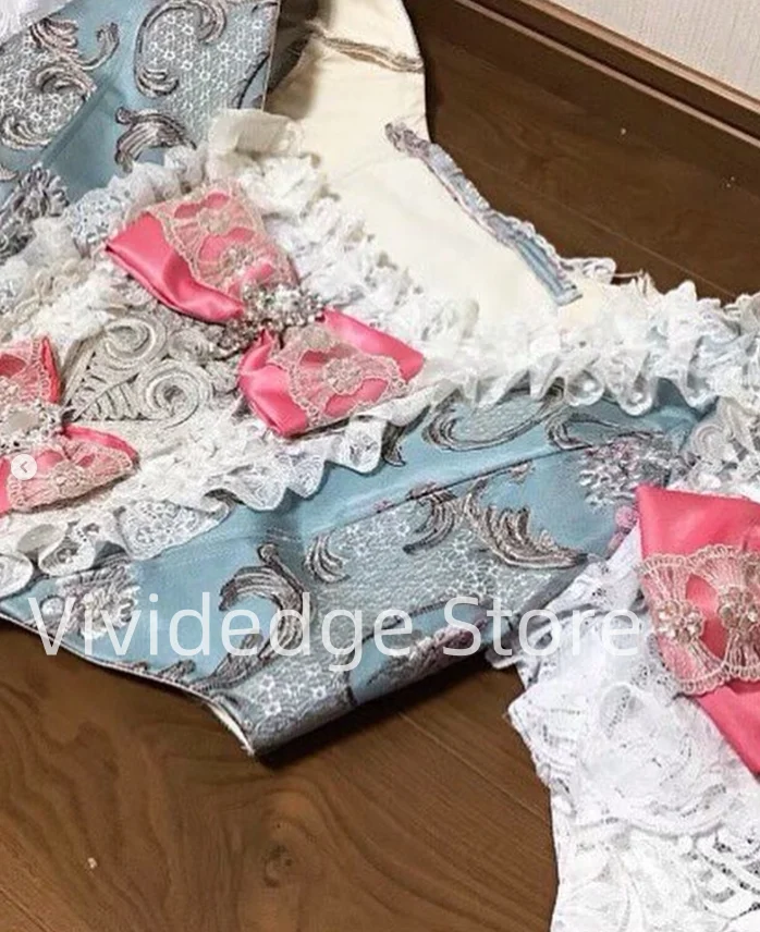 Vintage Sky Blue Prom Dresses Pink Bow Fantasy Lace 18th Century Antoinette Victorian Evening Gowns vestidos de graduación