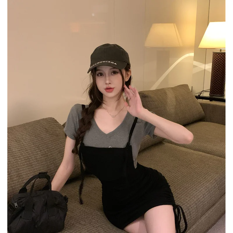 2023 Women' Clothing Black Strap Dress Sexy Sleeveless Fit Waist Self Cultivation Wrap Hip Short Dress Pair Design Chic Top Set