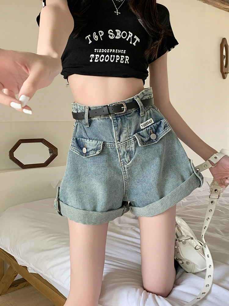 

Solid Color Crimping Blue Denim Super Shorts Women's Summer American Street Casual A-Line Hot Girl Loose Mini Shorts Female