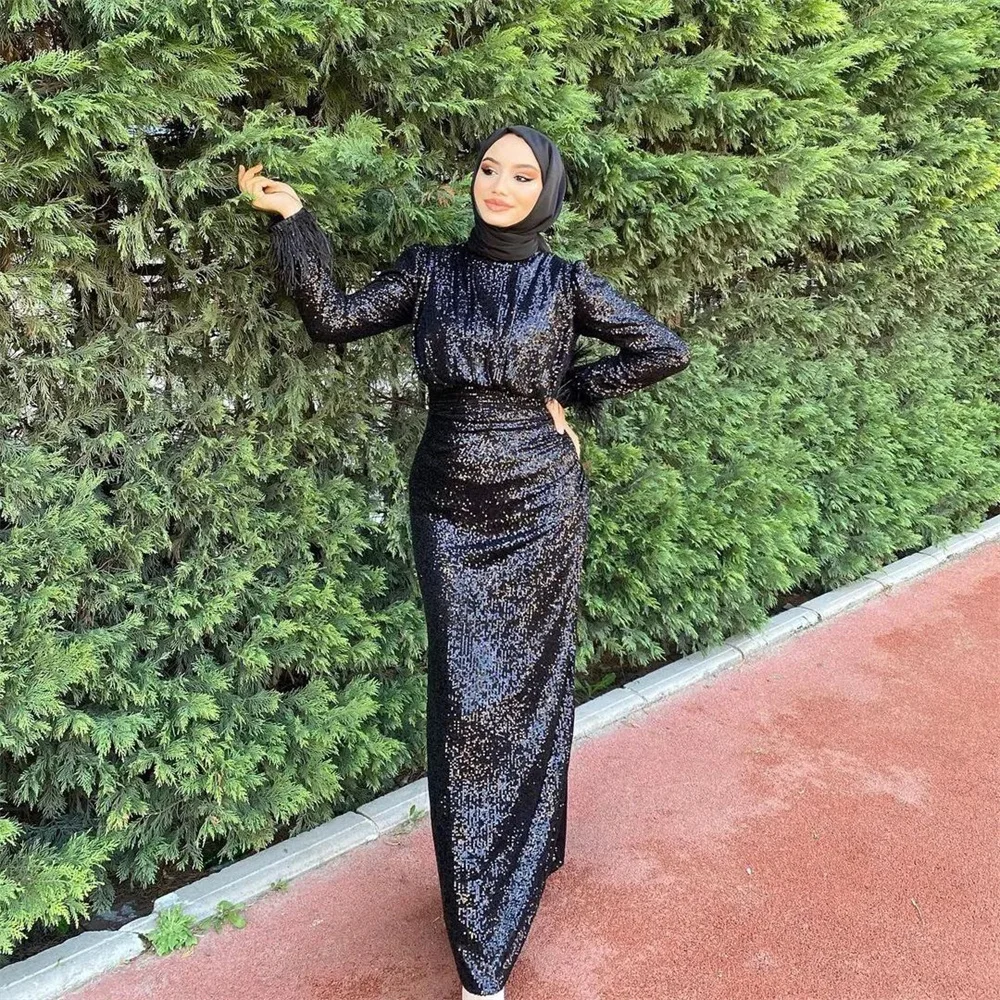 Sansa Modest High Neck فساتين سهرة Glitter Mermaid Prom Dresses Elegant Long Sleeves with Feathers Floor-Length Saudi Arabia