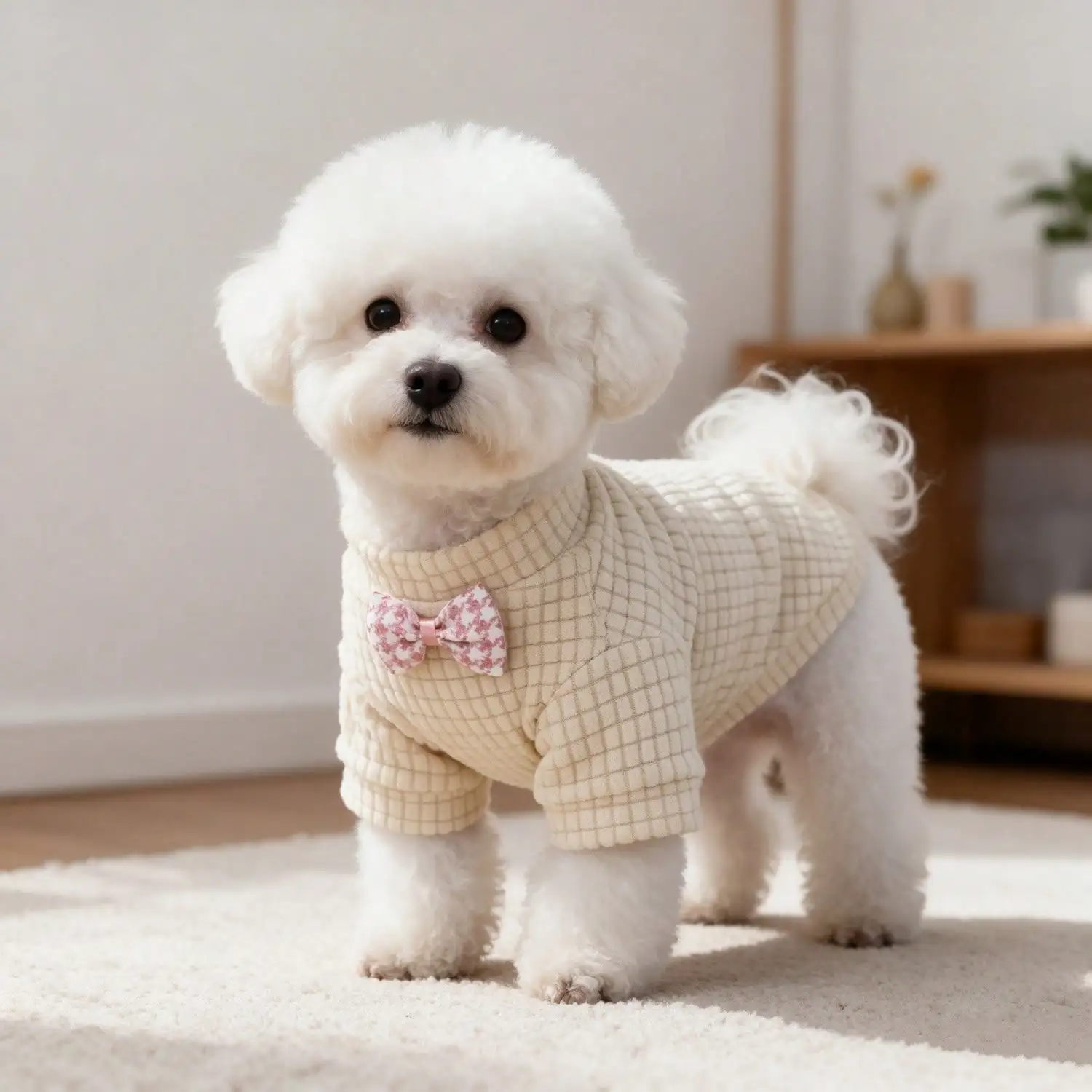 1 Stück rosa Schleifen-Waffelstrick-Hundeshirt, weiches, kurzärmeliges Haustier-Outfit für kleine Hunde – Detail 3