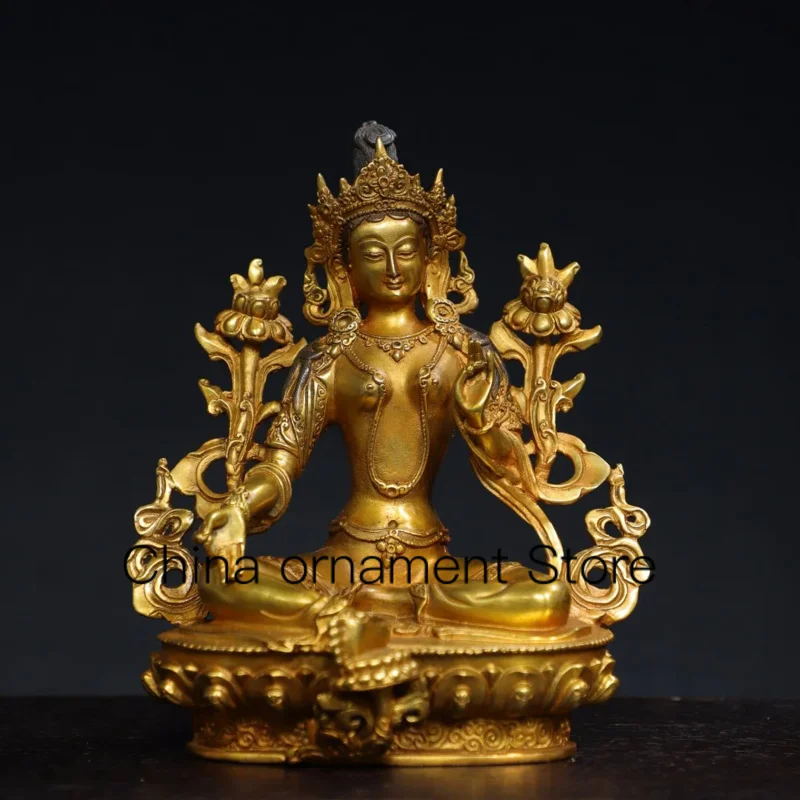 

20cm Nepalese Tibetan brass gilded Guanyin Bodhisattva green Tara seated ornament