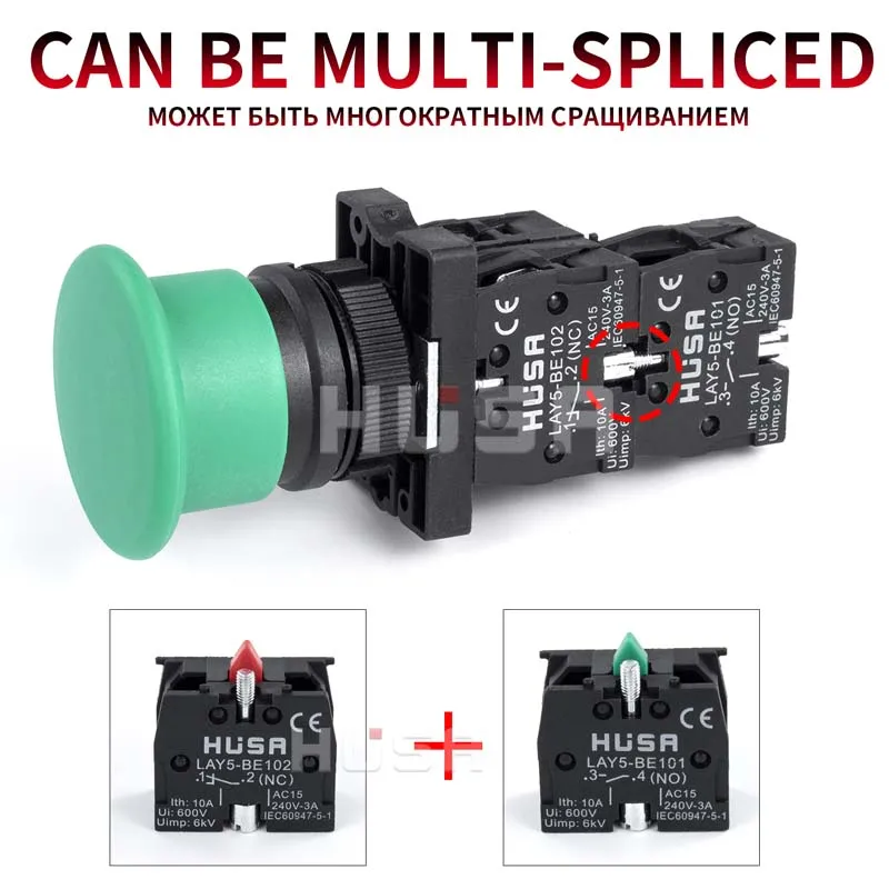 XB2 Button switch self reset Mushroom head 22mm start 1NO NC Momentary Push Button Switch Metal green red black Metal plastic