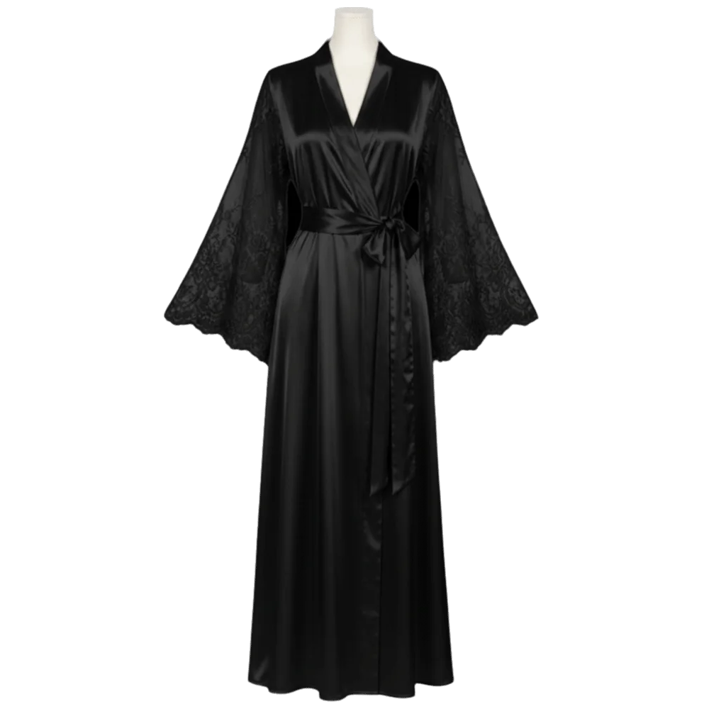 Long Sleeve Satin Night Robe V Neck Comfortable Lace Robe Dress Plus Size Sleepwear Silk Satin Nightdress Loungewear