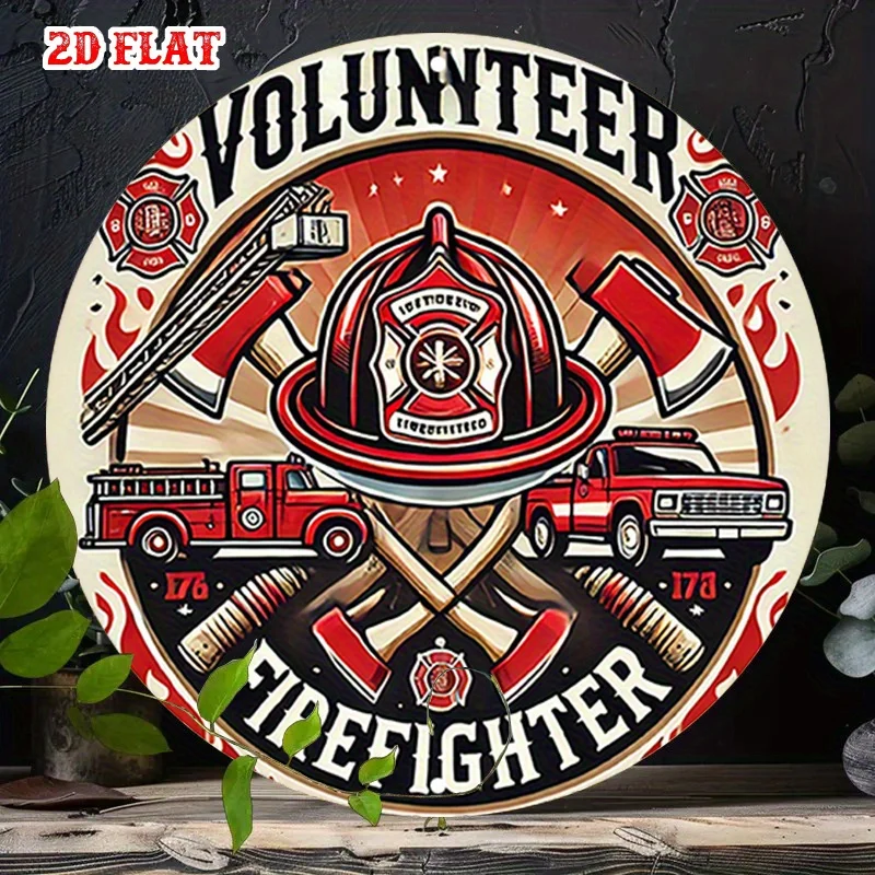 [2D Flat] 1 letrero redondo de aluminio para tributo al bombero, arte de pared rústico de 7,87 pulgadas con emblema de camión de bomberos y bombero, voluntario Me