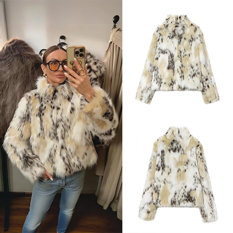 Guobioziy Women's Slim-Fit Animal Print Faux Fur Coat 2026 Autumn/Winter New Arrival Euro-American Casual Fashion Trend Daily