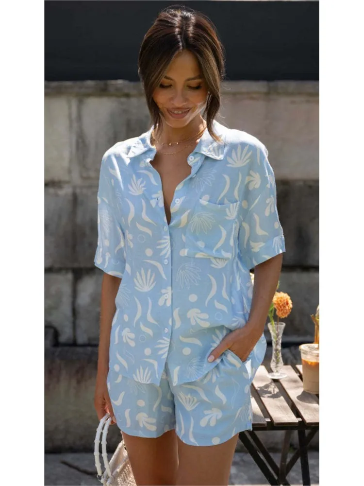 New Printed Tops And Shorts Fashion Set Women Turn-down Collar Button Shirt Casual 2 Piece Set Summer Office Party Sets