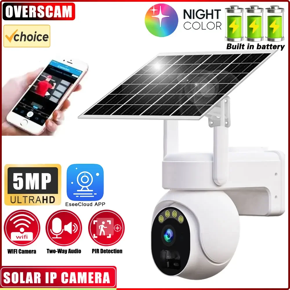 5MP PTZ IP WiFi Camera Solar Power Low Comsunption Panel Built-in Battery Surveillance Cameras PIR Human Detection Outdoor IP66