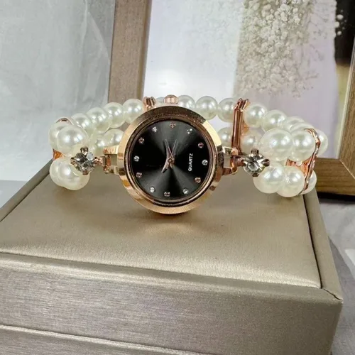 Imagen 2 del producto Pulsera de perlas elegante para mujer, relojes de cuarzo, pulsera de cuerda elástica extraíble, relojes de pulsera de lujo con esfera pequeña, regalo